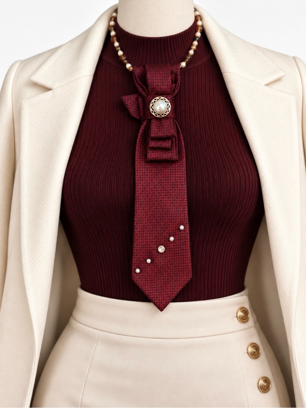 Upcycled Burgundy Necktie Necklace Vintage Pearl Brooch Beaded Statement Jewelry